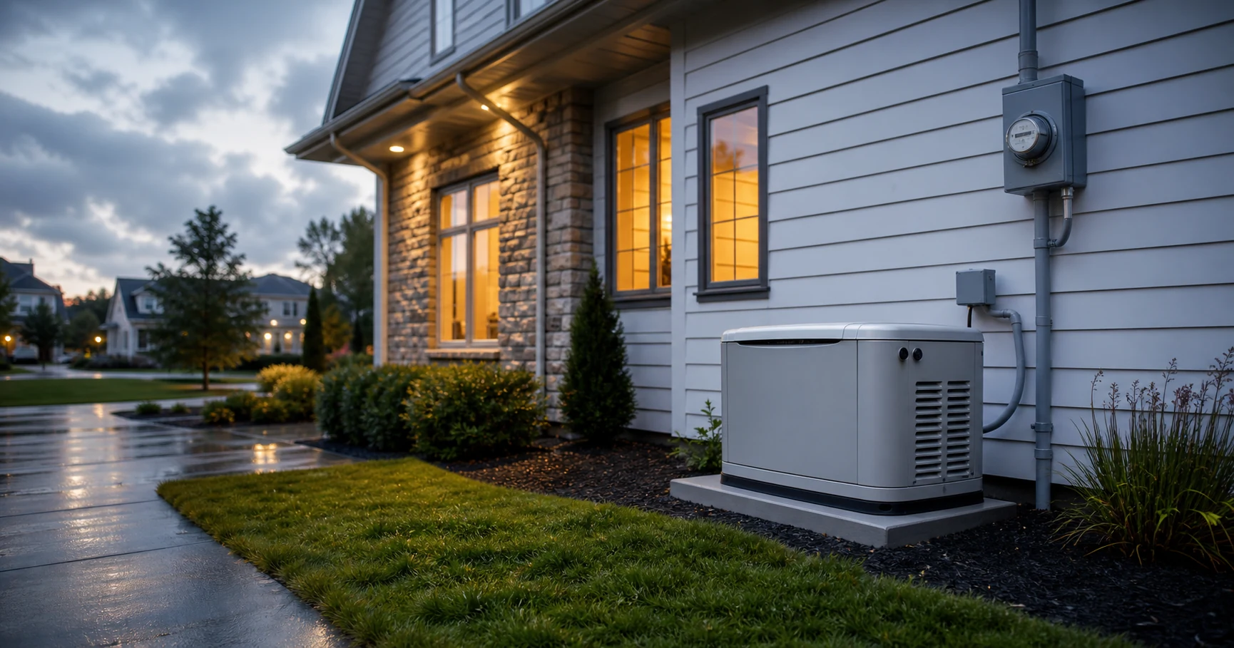 Unbranded standby generator beside an Omaha-area home after a storm