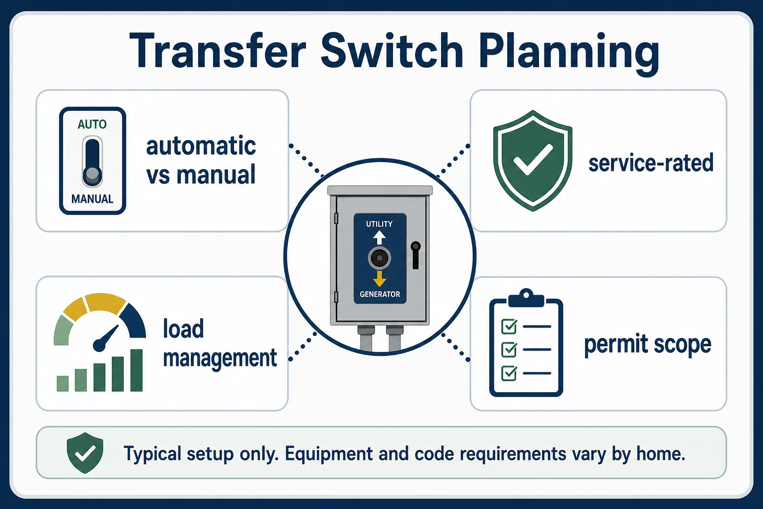 Transfer switch planning infographic showing automatic versus manual, service-rated equipment, load management, and permit scope decisions.